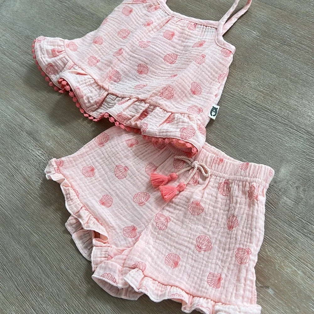 Rabbit + Bear Baby Girl Seashell Organic Cotton Matching Set 6-9 18 months